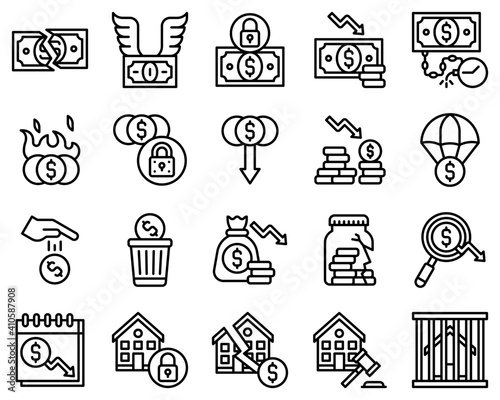 Bankruptcy related vector icon set, line style