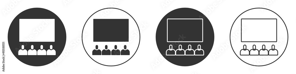 Black Cinema auditorium with screen icon isolated on white background. Circle button. Vector Illustration. Black Cinema auditorium with screen icon isolated on white background. Circle button. Vector Illustration.