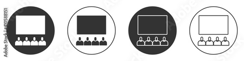 Black Cinema auditorium with screen icon isolated on white background. Circle button. Vector Illustration.