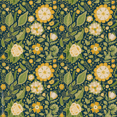 Vector seamless pattern. Hand drawn luxurious floral repeat background. Greenery, flowers seamless texture. Wallpaper, upholstery, fabric design illustration