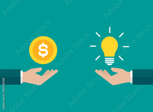 businessman hands with yellow shining bulb and money. Vector flat illustration on blue.