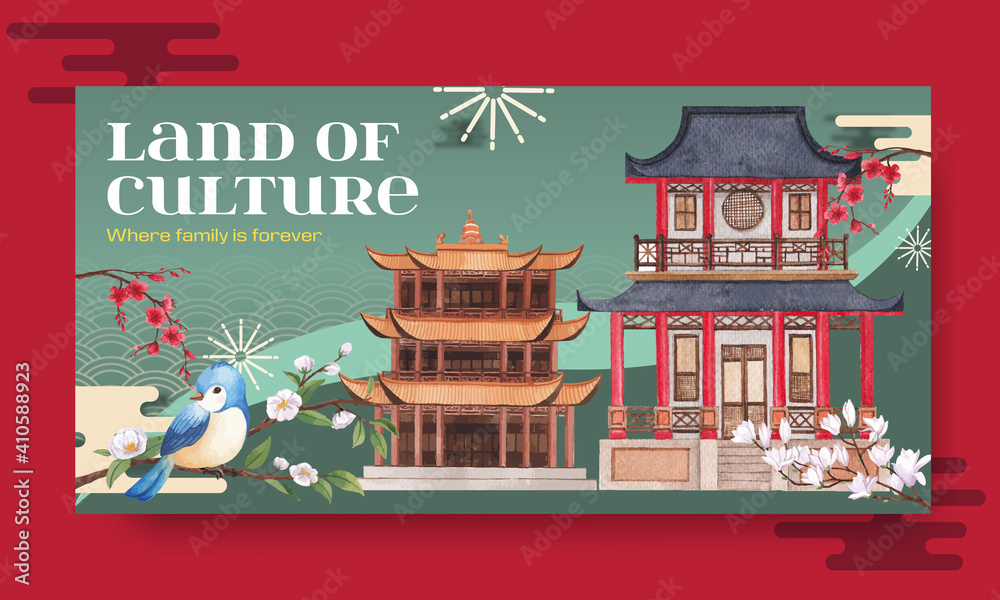 Twister template with Happy Chinese New Year concept design with social media and community watercolor vector illustration
