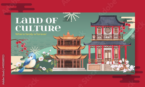 Twister template with Happy Chinese New Year concept design with social media and community watercolor vector illustration