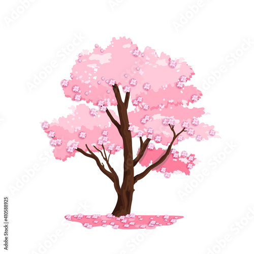 Spring tree vector nature illustration, blossom Japanese sakura, wooden trunk, pink crown. Isolated summer season park cartoon floral icon. Bloom sakura, cherry tree garden environment logo landscape