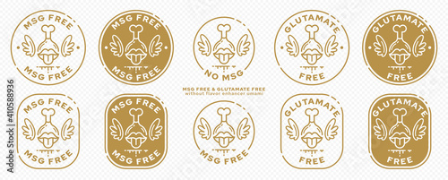 Concept for packaging. Labeling - no monosodium glutamate. Mouth icon with meat, wings and a flowing ingredient line - a symbol of freedom from meat flavor enhancer. Without artificial umami taste. Ve