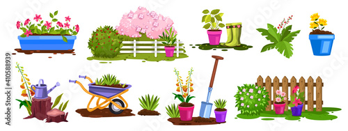 Spring garden nature, plant vector collection, flower pots, bushes, fence, green seedling, boots. Backyard botanical summer gardening objects set with wheelbarrow, watering can. Spring garden icons