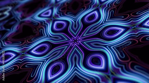 Kaleidoscopic structure with neon flash lights. 4k abstract looped bg with flashing lines pattern like symmetrical radial ornament on plane like light bulbs or garland of lines. Luma matte as alpha. photo