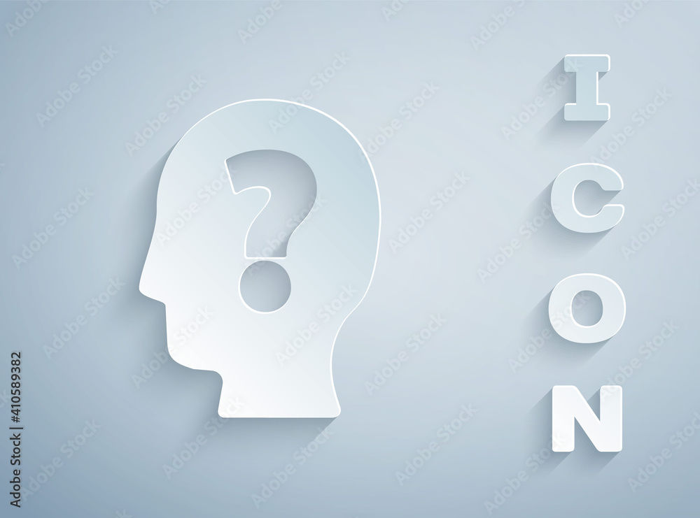Paper cut Human head with question mark icon isolated on grey background. Paper art style. Vector. Paper cut Human head with question mark icon isolated on grey background. Paper art style. Vector.