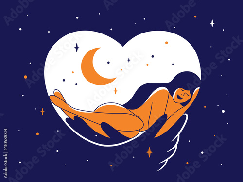 Beautiful naked woman sleeping in night sky hands. Sweet dream vector illustration. Healthy sleep, self or body care. Nude female figure in love embrace of universe. Stars, crescent moon, heart shape 