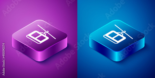 Isometric Cable car icon isolated on blue and purple background. Funicular sign. Square button. Vector.
