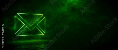 Green neon light email icon. Vibrant colored technology symbol, isolated on a black background. 3D Render 