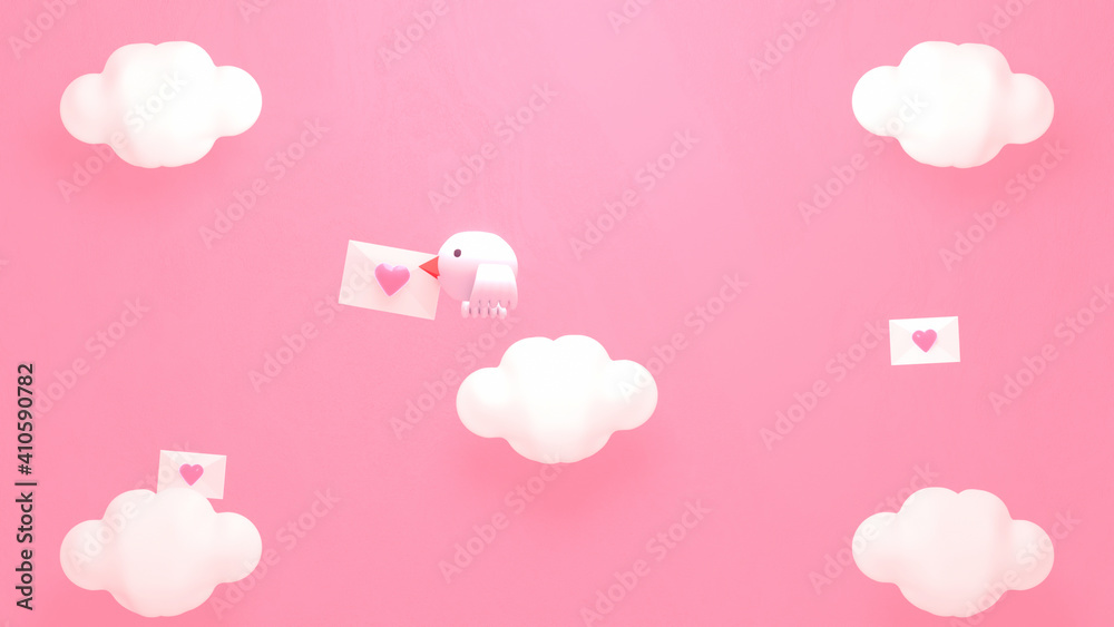 Cartoon love mail delivery bird flying in the pink sky. Happy Valentine's Day greeting card. 3d rendering picture.