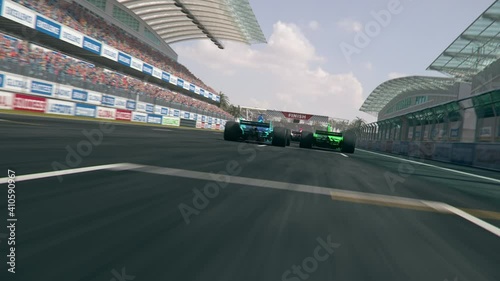 Dynamic high angle drone shot of camera passing several generic formula one race cars racing along the homestretch over the finish line – realistic high quality 3d animation photo