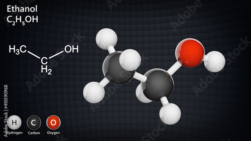 Structural chemical formula and molecular structure of Ethanol (drinking alcohol). Formula: C2H6O or C2H5OH. Chemical structure model: Ball and Stick. 3D illustration. photo