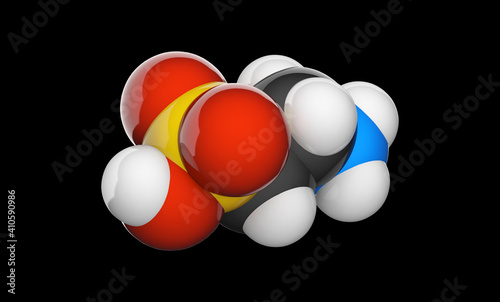 Molecular structure of taurine (2-aminoethanesulfonic acid), C2H7NO3S. Chemical structure model: Space-Filling. 3D illustration. Isolated on black background.