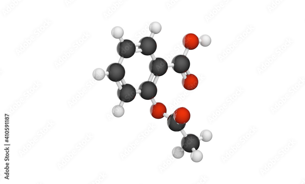 Aspirin (ASA) molecule ball and stick model - C9H8O4. 3D illustration. Isolated on white background. Aspirin (ASA) molecule ball and stick model - C9H8O4. 3D illustration. Isolated on white background.