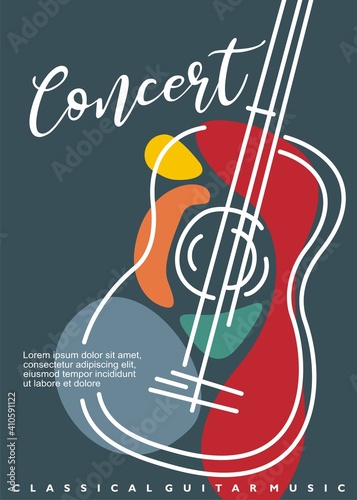 Artistic poster artwork for classical guitar music concert. Contemporary style abstract line art guitar drawing. Musical event vector flyer illustration concept.