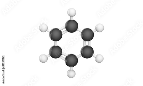 C6H6, benzol (benzene) molecule. Chemical structure model: Ball and Stick. 3D illustration. Isolated on white background.