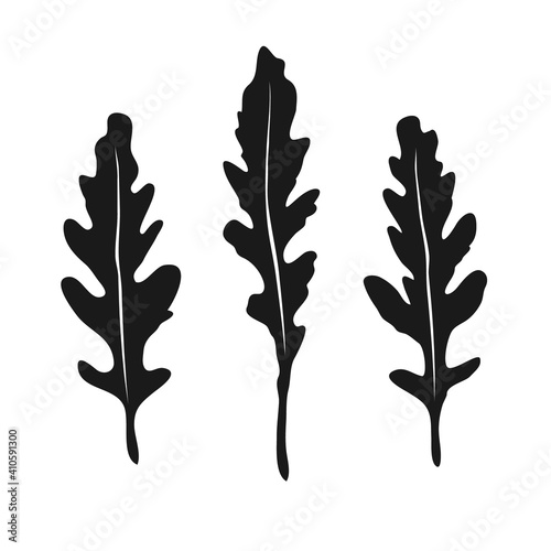Kitchenware seasoning arugula. Black and white flat style. Vector illustration isolated on a white background. Rucola salad silhouette