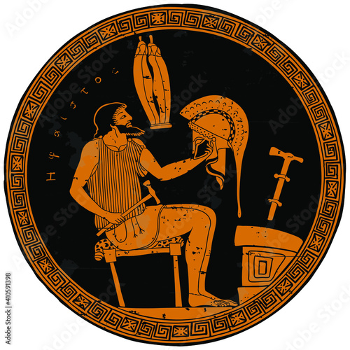 The ancient Greek god Hephaestus sits on a chair and creates a helmet for a warrior. Drawing on the bottom of a ceramic pot.