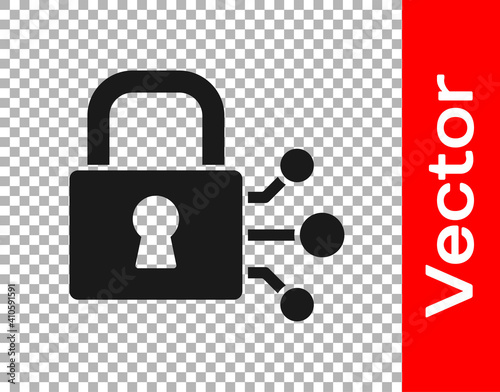 Black Lock with bitcoin icon isolated on transparent background. Cryptocurrency mining, blockchain technology, security, protect, digital money. Vector.