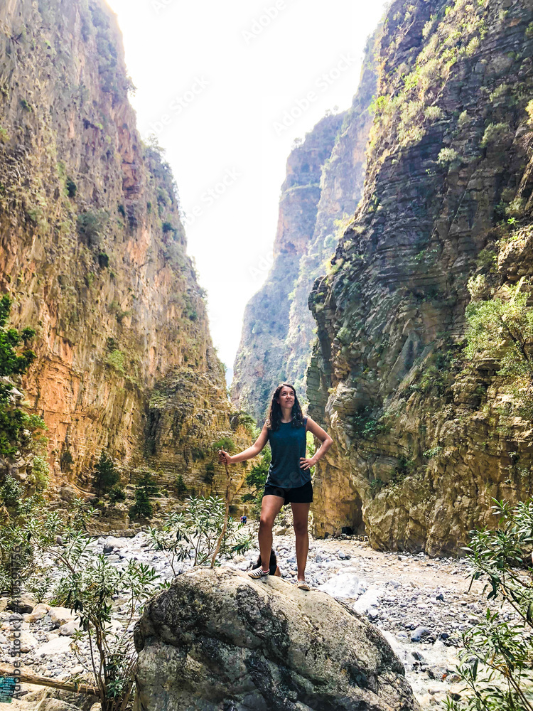 brunette girl on top of a rock, with wooden pole and mountains behind her