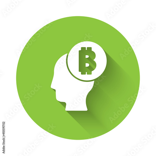White Bitcoin think icon isolated with long shadow. Cryptocurrency head. Blockchain technology, digital money market, cryptocoin wallet. Green circle button. Vector.