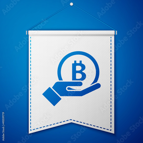 Blue Hand holding Bitcoin icon isolated on blue background. Blockchain technology, digital money market, cryptocoin wallet. White pennant template. Vector.