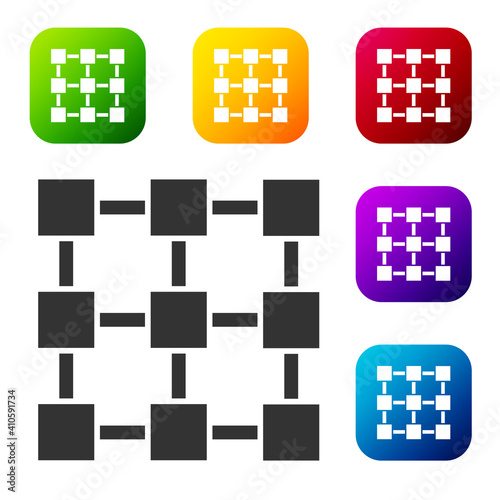 Black Blockchain technology icon isolated on white background. Cryptocurrency data. Abstract geometric block chain network technology business. Set icons in color square buttons. Vector.