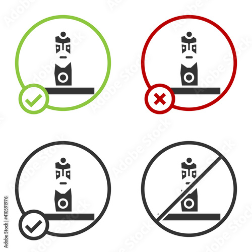 Black Slavic pagan idol icon isolated on white background. Antique ritual wooden idol. Circle button. Vector.