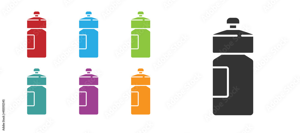Black Fitness shaker icon isolated on white background. Sports shaker bottle with lid for water and protein cocktails. Set icons colorful. Vector. Black Fitness shaker icon isolated on white background. Sports shaker bottle with lid for water and protein cocktails. Set icons colorful. Vector.