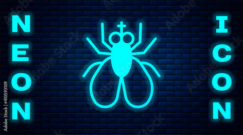 Glowing neon Insect fly icon isolated on brick wall background. Vector.