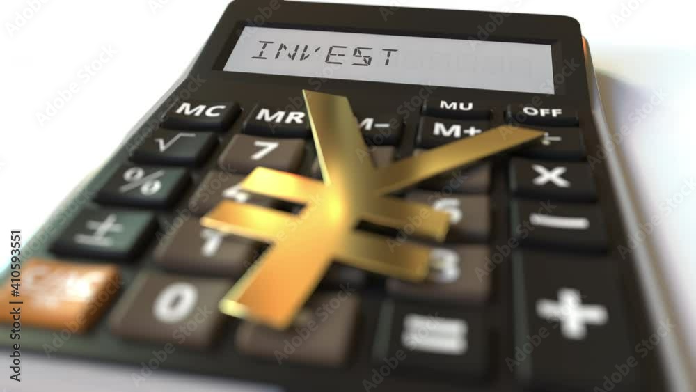 Yen currency symbol on the keys and INVEST text on calculator display. Conceptual 3d animation Yen currency symbol on the keys and INVEST text on calculator display. Conceptual 3d animation
