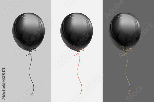 Realistic black flying balloons with ribbons of black, red, gold on backgrounds of different saturations for use in different necessary cases. Decoration element templates