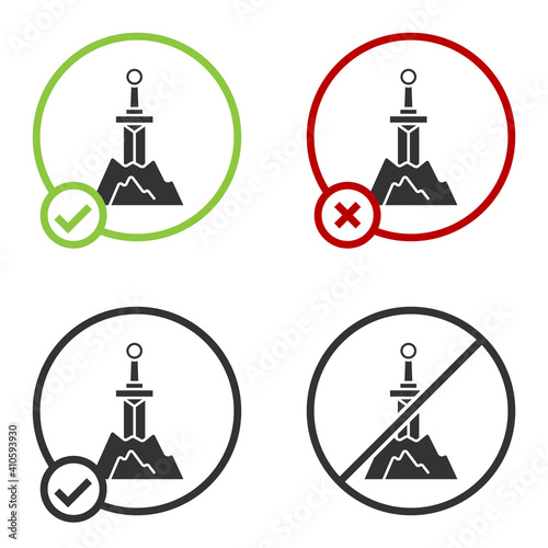 Black Sword in the stone icon isolated on white background. Excalibur the sword in the stone from the Arthurian legends. Circle button. Vector.