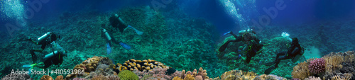 Coral reef underwater panorama with Group Of Scuba Divers Exploring Coral