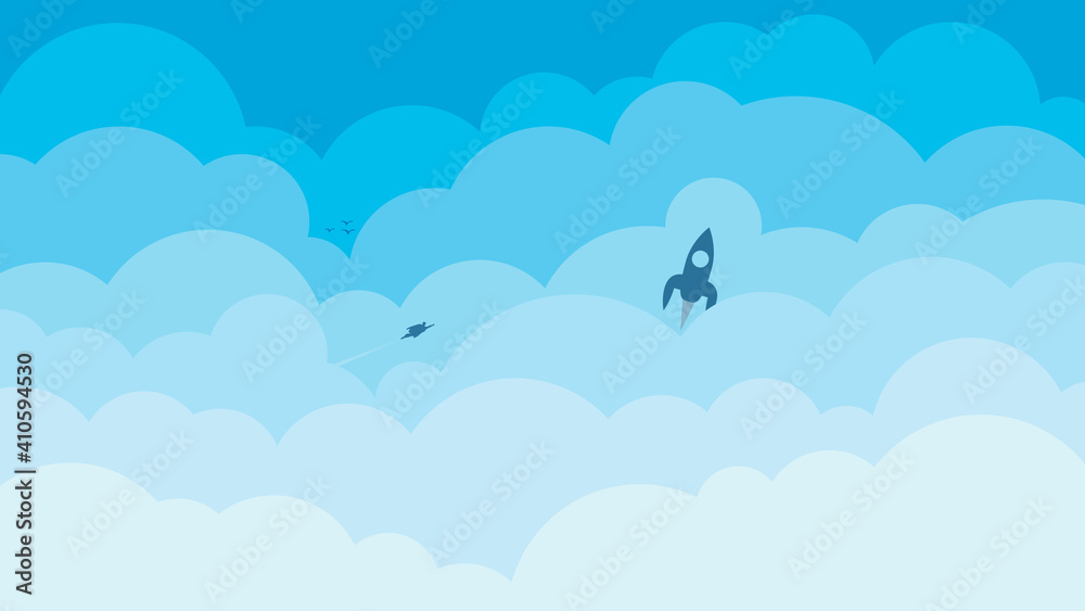 Cartoon clouds and rocket icon on blue sky vector illustration. Cartoon clouds and rocket icon on blue sky vector illustration.