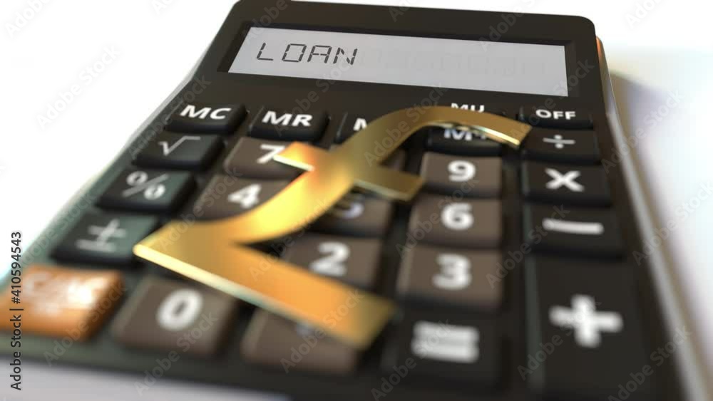 Pound currency symbol on the keys and LOAN text on calculator display. Conceptual 3d animation Pound currency symbol on the keys and LOAN text on calculator display. Conceptual 3d animation