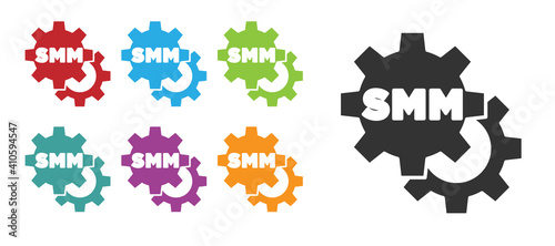 Black SMM icon isolated on white background. Social media marketing, analysis, advertising strategy development. Set icons colorful. Vector.