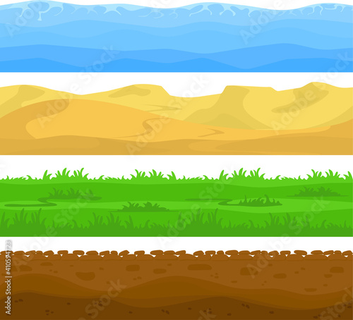 A set of land surface types. Sand dunes in the desert, green meadow with grass, sea waves, land with stones.