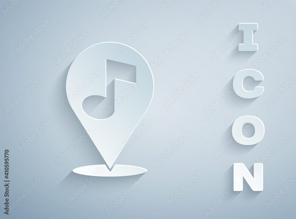 Paper cut Location musical note icon isolated on grey background. Music and sound concept. Paper art style. Vector. Paper cut Location musical note icon isolated on grey background. Music and sound concept. Paper art style. Vector.