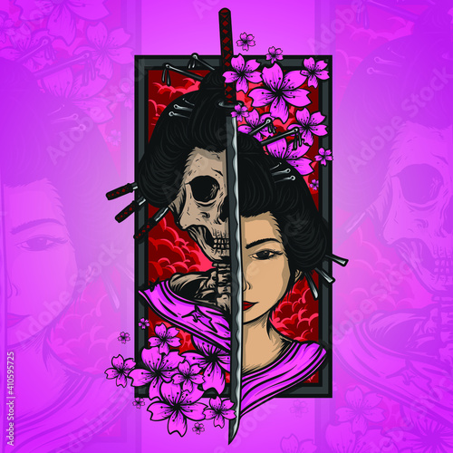 artwork illustration and t-shirt design geisha skull engraving ornament premium vector