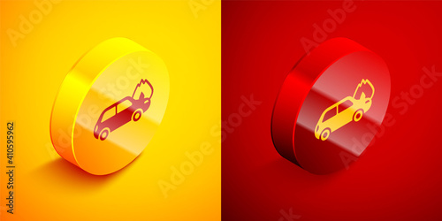 Isometric Burning car icon isolated on orange and red background. Car on fire. Broken auto covered with fire and smoke. Circle button. Vector.