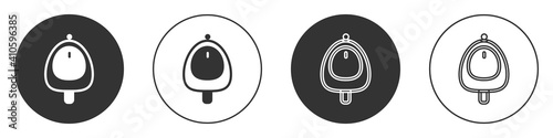 Black Toilet urinal or pissoir icon isolated on white background. Urinal in male toilet. Washroom, lavatory, WC. Circle button. Vector.