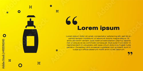 Black Bottle of liquid antibacterial soap with dispenser icon isolated on yellow background. Antiseptic. Disinfection, hygiene, skin care. Vector.