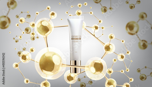 Cosmetic ads template, Cosmetic bottle with Gold molecules and blur background. Realistic vector illustration