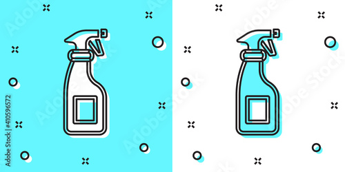 Black line Cleaning spray bottle with detergent liquid icon isolated on green and white background. Random dynamic shapes. Vector.