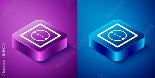 Isometric Electrical outlet icon isolated on blue and purple background. Power socket. Rosette symbol. Square button. Vector.