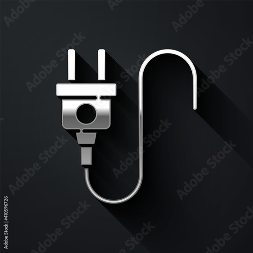 Silver Electric plug icon isolated on black background. Concept of connection and disconnection of the electricity. Long shadow style. Vector.