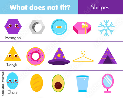 Educational children game. What does not fit type. learning geometric shapes in life. Worksheet for kids and toddlers